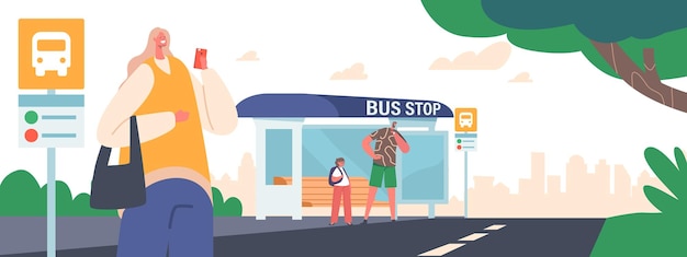 Menschen am Busbahnhof Schulmädchen Mann und Frau Charaktere warten Pendlerverkehr in der Stadtlandschaft