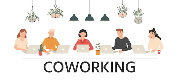 Vektor menschen arbeiten beim coworking zusammen. teamarbeit, arbeitsbereich für teams und cartoon-illustration für mietarbeitsplätze. geschäft zusammen coworking, charakter teamwork büro