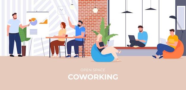 Vektor menschen arbeiten in einem coworking center zusammen menschen kommunizieren arbeitserfahrungen austausch moderner arbeitsplatz vektorillustration