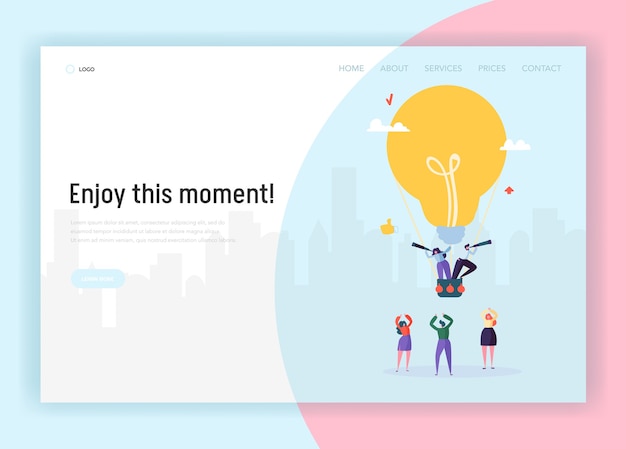 Menschen auf glühbirne fliegen airballoon auf der suche nach business idea concept landing page.