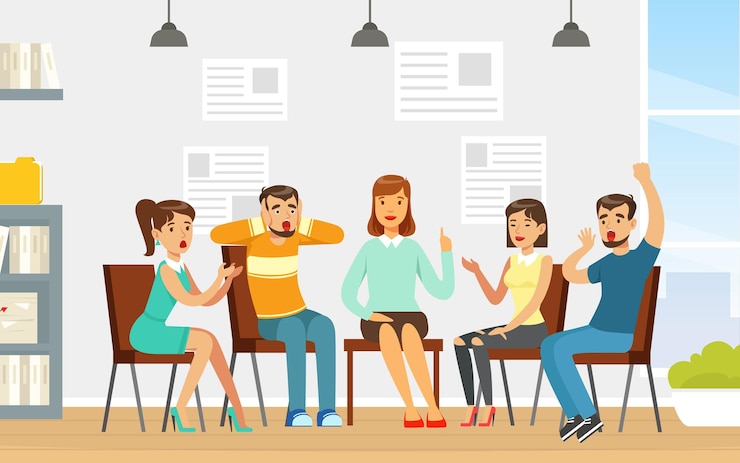 Vektor menschen bei gruppenbesuchen mit vektorillustration des psychologen