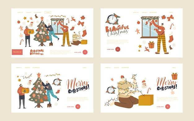 Menschen bereiten sich auf das neue jahr oder weihnachten zu hause vor landing page template set. charaktere schmücken weihnachtsbaum. familie oder freunde hängen kugeln und girlanden an tannenbaum und fenster. lineare vektorillustration