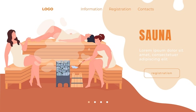 Menschen dämpfen und waschen sich in der Sauna. Ruhe und Entspannung in Gesellschaft von Menschen in einem heißen und feuchten Raum. Vektorillustration