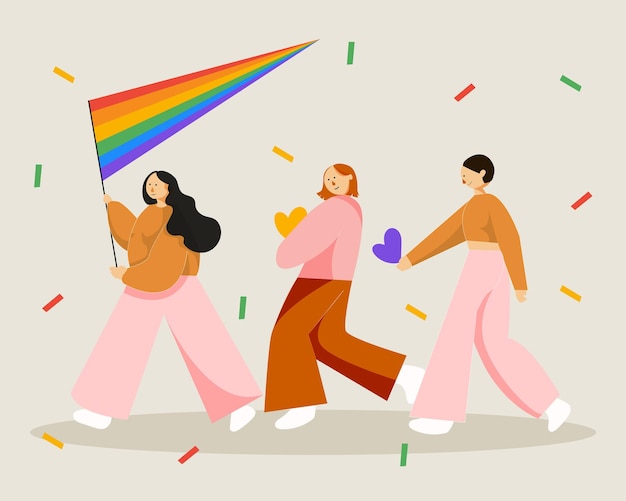 Menschen, die an der lgbtq-Pride-Parade teilnehmen, vector flache Illustration lesbischer Vektor