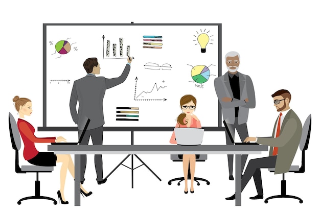Menschen, die an einer Cartoon-Präsentation im flachen Stil oder einer Teamarbeitsillustration am Computer arbeiten