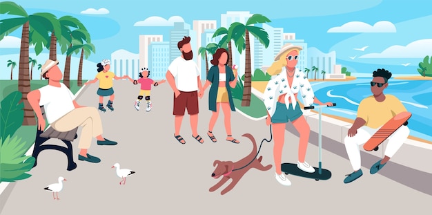 Menschen, die auf der farbillustration der ferienortstraße gehen. sommererholung. touristische aktivität. urlauber an promenadenkarikaturfiguren mit uferpromenade auf hintergrund