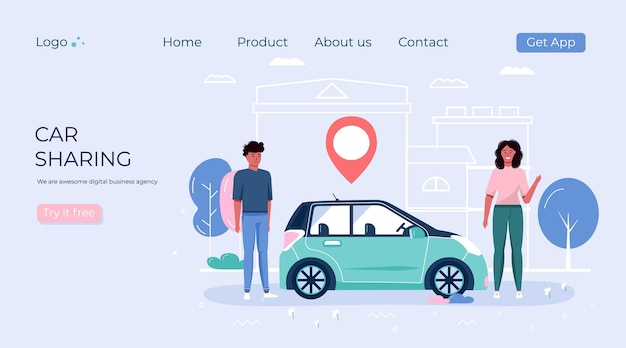 Menschen, die Carsharing- und Mietservice nutzen. Layout für mobile Landingpage-App für Online-Carsharing- und Fahrgemeinschaftsreisen mit Routen- und Punktposition auf einem Stadtplan. Transportvektorkonzept