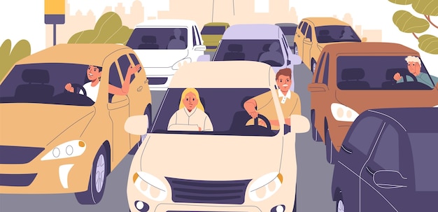 Menschen, die ein langsam fahrendes Auto im städtischen Stau fahren, Auto-Flow Cartoon-Vektor-Illustration