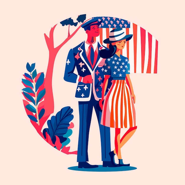 Vektor menschen, die ein tuch tragen, das der us-flagge ähnelt, mann und frau in amerikanischer kleidung, die zusammenstehen, um den unabhängigkeitstag zu feiern