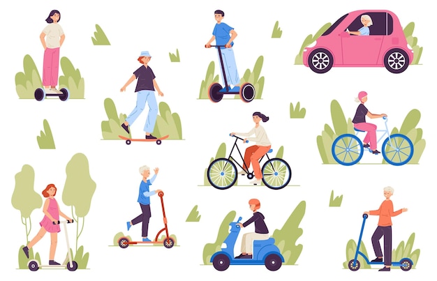 Menschen, die elektrotransport-fahrrad-scooter-elektroauto fahren gesunder lebensstil und aktive erholung zeichen vektor-illustration-set gesunde outdoor-sportaktivitäten