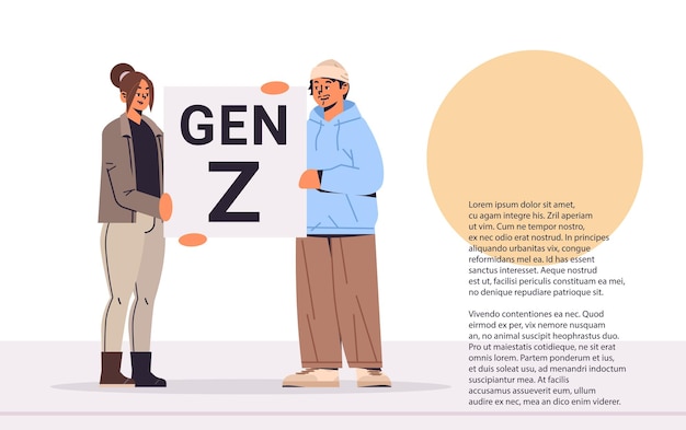 Menschen, die generation z-buchstaben halten, neuer moderner demografie-trend mit progressiver jugend-gen-horizontaler kopierraum-vektorillustration