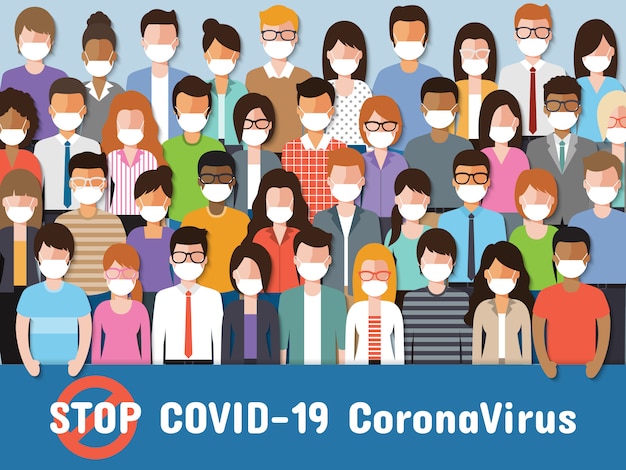 Vektor menschen, die gesichtsmasken tragen und für coronavirus, covid-19, kämpfen.