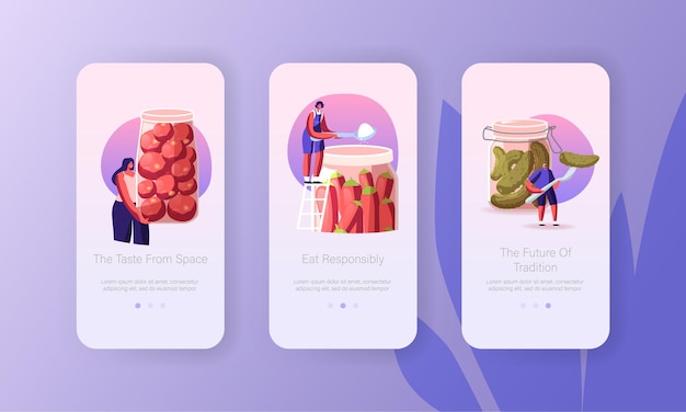 Menschen, die hausgemachte fermentierte vegane gesunde lebensmittel mobile app-seite onboard-bildschirmvorlage kochen.
