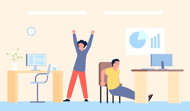 Menschen, die im Büro Übungen machen, Sporttraining zur Prävention von Bürosyndrom am Arbeitsplatz. Ruhen Sie sich für die Gesundheit aus, Vektor-Unternehmenszeit außerhalb des Trainingssports und machen Sie Sport am Arbeitsplatz. Illustration