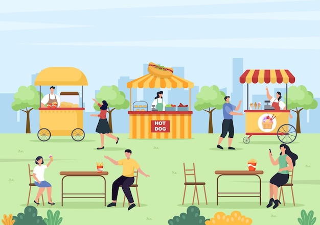 Menschen, die im Freien Street Food essen und Fast Food wie Pizza Burger oder Tacos in Illustration servieren