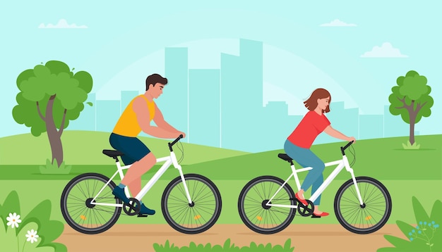 Menschen, die im Frühling oder Sommer im Park Fahrrad fahren. Mann und Frau ruhen beim Sport. Illustration im flachen Stil