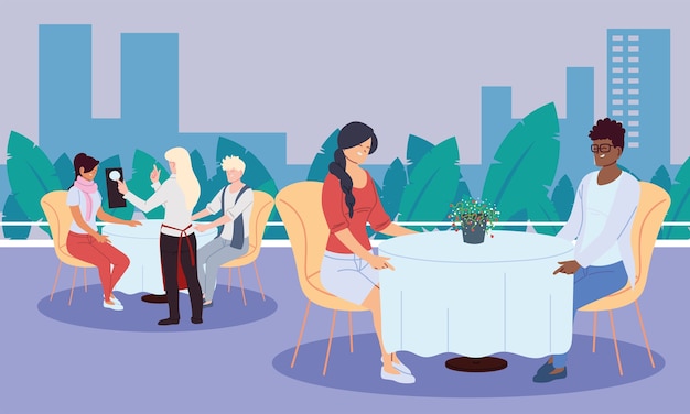 Menschen, die in einem gehobenen Luxusrestaurant im Freien speisen, und Kellner, die das Bestellillustrationsdesign nehmen