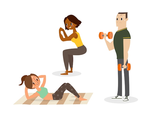 Vektor menschen, die körpergewichtstraining machen, sitzen, hocken, hantel trainieren.