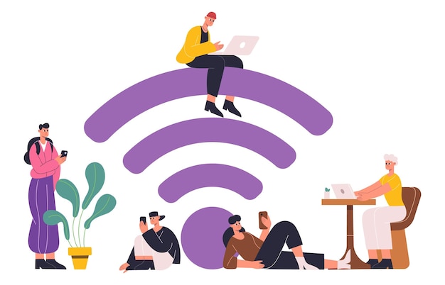 Menschen, die mobiles Internet nutzen, kostenloses WLAN-Zonenkonzept. Kostenlose Internet-Hotspot-Zone mit Wifi-Zeichen, Wifi-Öffentlicher Zugangsbereich-Vektorillustration. Charaktere mit kostenlosem Internet
