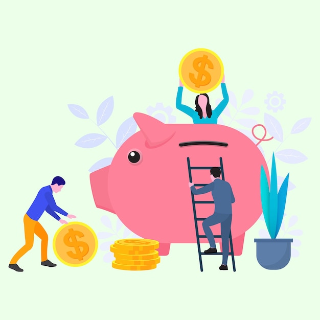 Menschen, die Münzen in ein Sparschwein legen