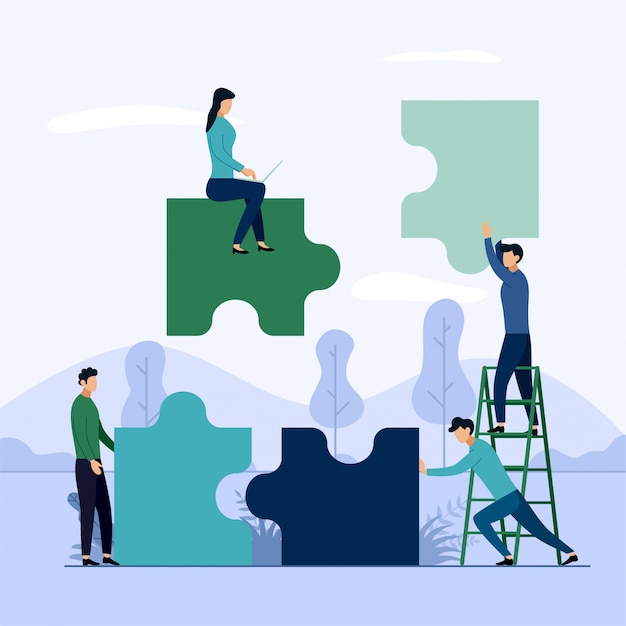 Menschen, die Puzzle-Elemente verbinden