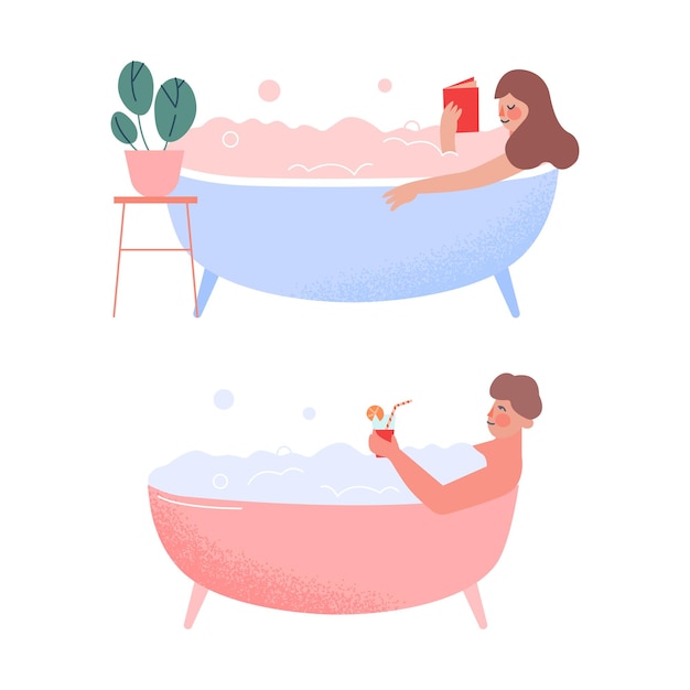 Menschen, die sich in einer Badewanne entspannen, selbstheilende Therapie, Stressabbau, Zeichentrickfilm-Vektorillustration
