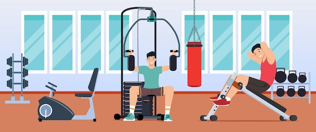Menschen, die Übungen machen, trainieren im Fitnessstudio, arbeiten an einem gesunden Lebensstil