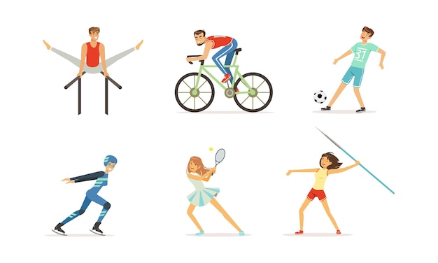 Vektor menschen, die verschiedene sportarten betreiben, professionelle athleten, charaktere, radfahren, eislaufen, fußballspielen, tennis, speerwerfen, vektorillustration