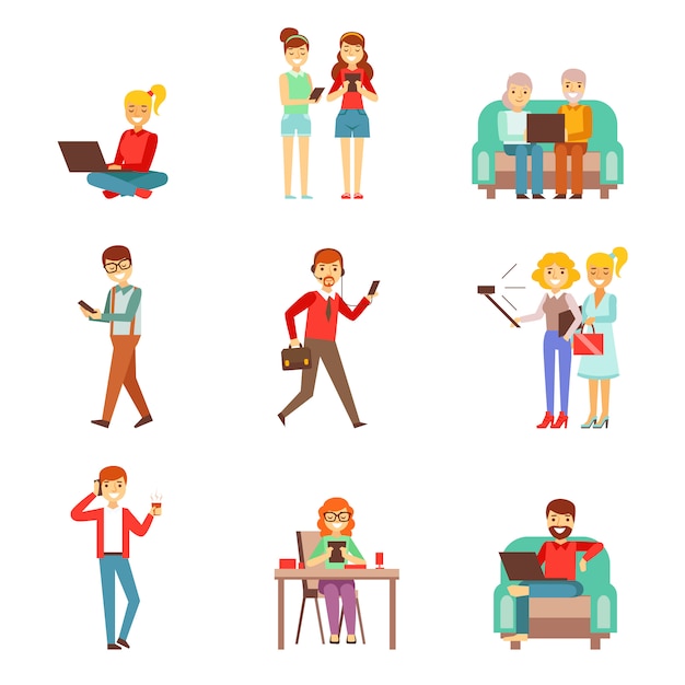 Menschen, die von Gadgets besessen sind Satz von Illustrationen