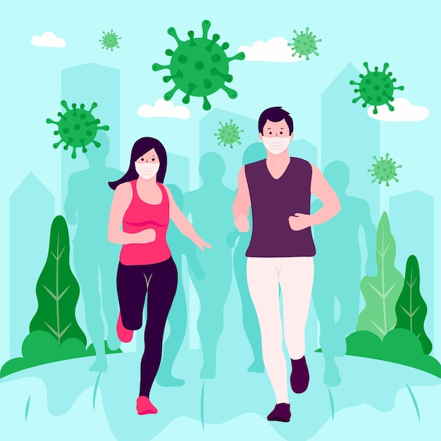 Menschen, die vor coronavirus-partikeln davonlaufen