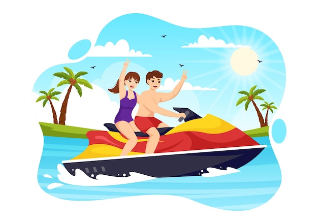 Vektor menschen fahren jet-ski-vektor-illustration sommerurlaub erholung und resort-strandaktivität