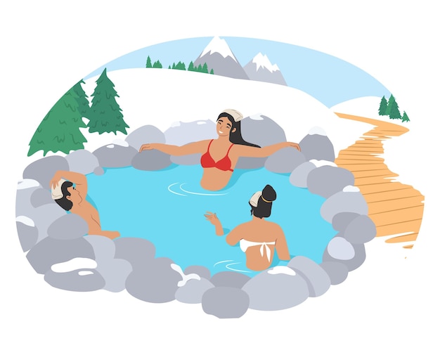 Menschen genießen thermalbad im freien im winterberg onsen japanische natürliche heiße quelle ...