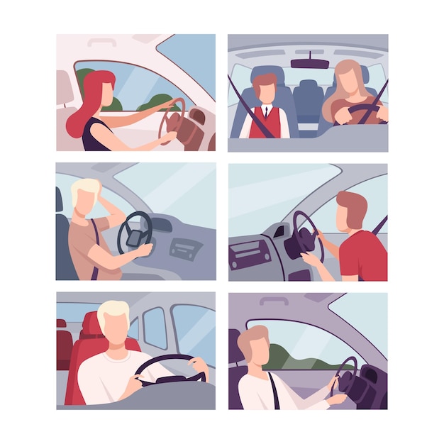 Menschen im Auto-Set Männliche und weibliche Fahrer und Passagiere Flachvektor-Illustration