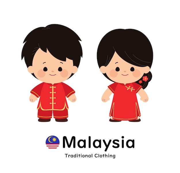 Vektor menschen im chibi-stil tragen traditionelle kleidung aus malaysia