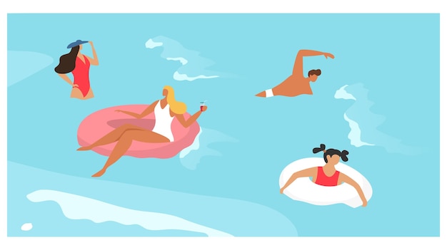 Vektor menschen im meer sommerferien frau mann mädchen charakter schwimmen im ozean vektor illustration cartoon