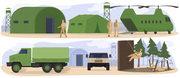 Menschen im Militärbasislager, Soldaten, die in der Armee trainieren, Bootcamp-Übungen, Illustration