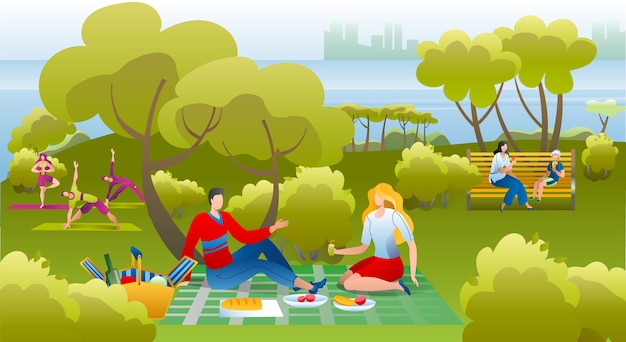 Menschen im Park, beim Picknick, das Spaß, Freizeit und Ruhe in der Sommernatur hat, Yogaübungen und Fitness macht, Illustration isst. Paar, das Picknick im Park hat und sich an sonnigem Tag entspannt.