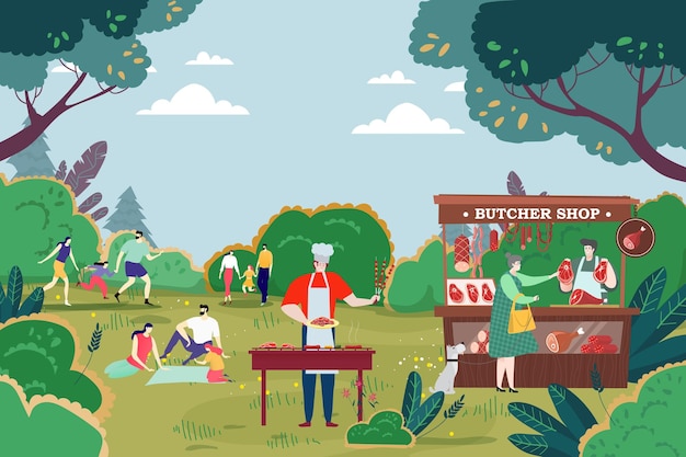 Menschen im Park grillen Grill und Fleisch Vektor Illustration Zeichentrickfigur Mann Frau haben glücklich