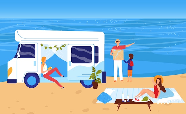 Menschen im Sommer Seestrand Camping Urlaub Illustration.