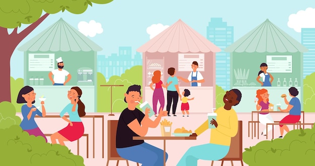 Menschen im Sommercafé Mittagstisch im Freien im Straßenrestaurant Vielfalt Personen im Park Food Festival oder Markt anständiges Vektorkonzept