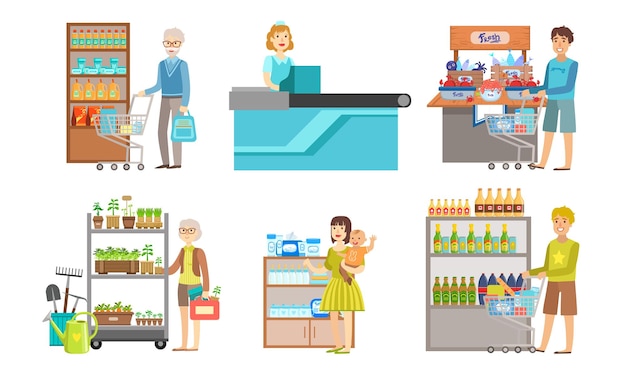 Menschen im Supermarkt Set Männer und Frauen kaufen Produkte auf Regalen Einkaufszentrum Innenraum Vektor-Illustration