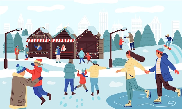 Vektor menschen im winterpark cartoon glückliche familien bei saisonalen winteraktivitäten skaten snowboarden skifahren verschneiter stadtpark mit eisbahn und lokalen lebensmittel- und geschenkläden vektorillustration im freien