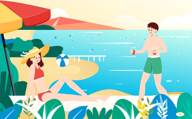 Menschen in badeanzügen beim sonnenbaden am strand in der sommervektorillustration