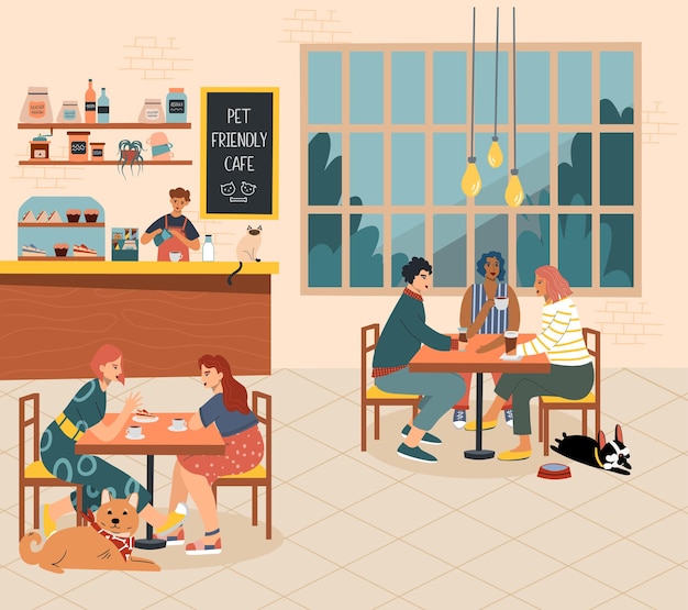 Vektor menschen in einem haustierfreundlichen café mit hunden und katzenvektorflach illustration vektorillustration