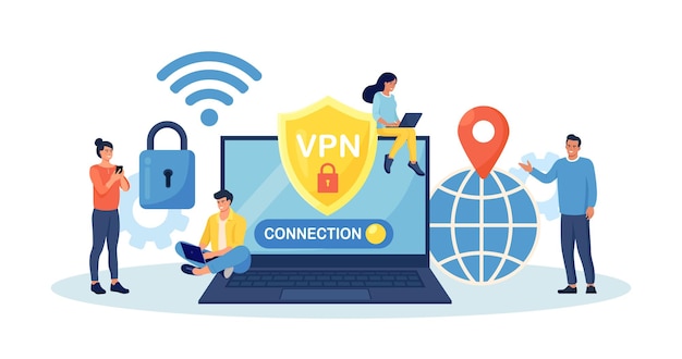 Menschen in einem virtuellen privaten Netzwerk nutzen das VPN-Technologiesystem, um ihre persönlichen Daten in Smartphone-Computern zu schützen, sichere Netzwerkverbindung und Datenschutz, Cyber-Sicherheit, Verkehrsverschlüsselung