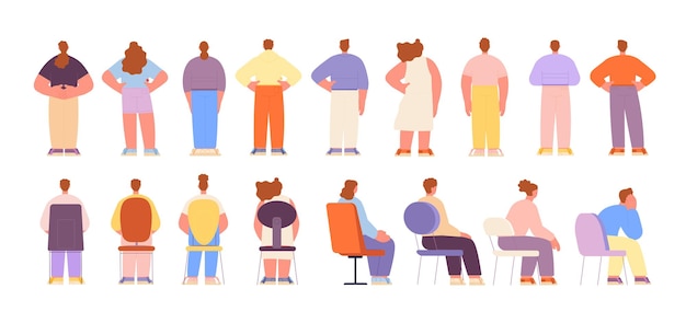 Menschen in verschiedenen posen rückenfiguren isoliert stehend und sitzend mann frau diverse rückansicht person sitzt auf stuhl vollständige vektorsammlung
