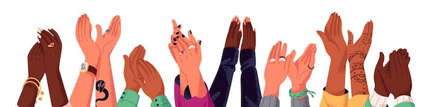 Menschen klatschen, applaudieren, Banner, Hände mit Schmuck, Tätowierung, Applaus, Erfolg feiern, Zuschauer begrüßen, Unterstützung zeigen, jubeln, flache isolierte Vektorillustration auf weißem Hintergrund.