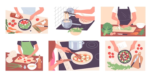 Menschen kochen Essen zubereiten Mahlzeit Verschiedene Gemüsegerichte