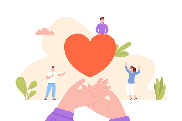 Menschen Kunstwerk Herz Hände geben Herzen Freiwillige Spende Hilfe Liebessymbol in einer Handvoll Freunde Künstler zusammen soziale Nächstenliebe Nachbar Solidarität Unterstützung Vektor-Illustration