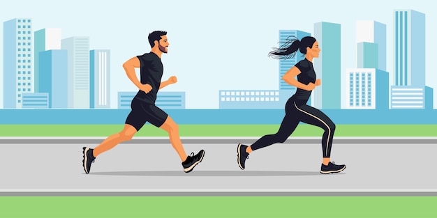 Menschen laufen einen Marathon vor dem Hintergrund der Stadt Vektor-Illustration